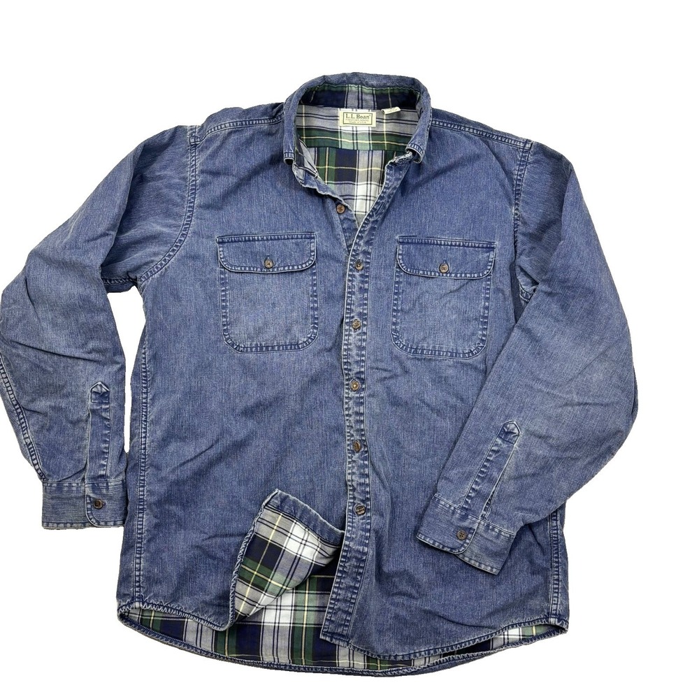 Vintage L.L.Bean Denim Flannel Lined Shirt Jacket Mens Large Freeport USA Blue